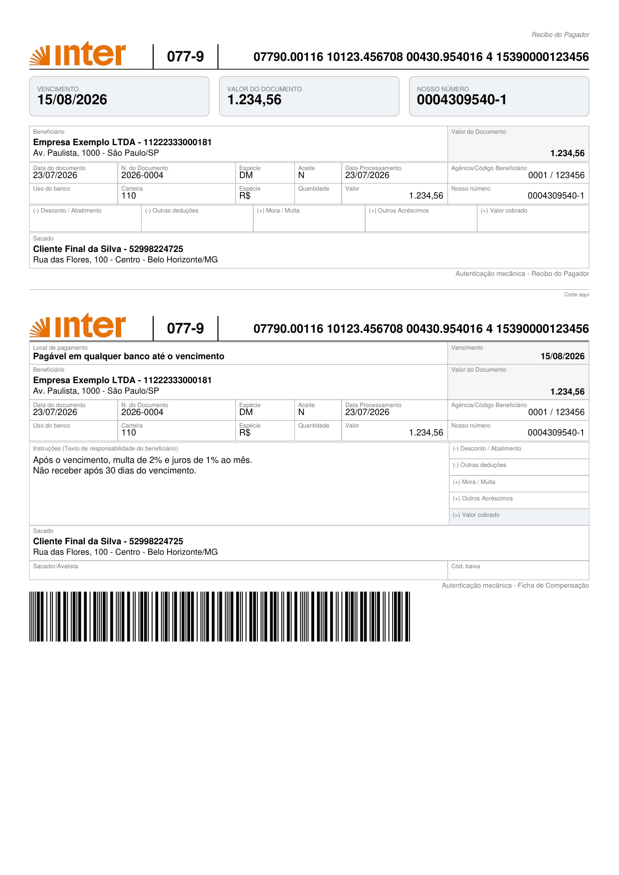 Boleto do Banco Inter na carteira 110