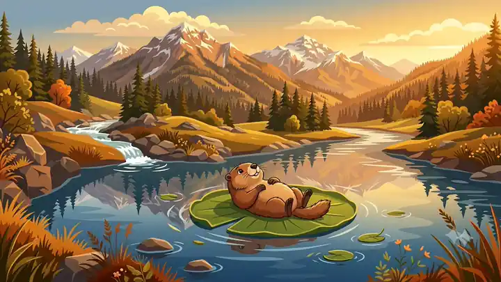 Animated: a marmot resting on a lily pad in calm, gently rippling water at golden hour — the unhurried flow of a session that never hits the wall