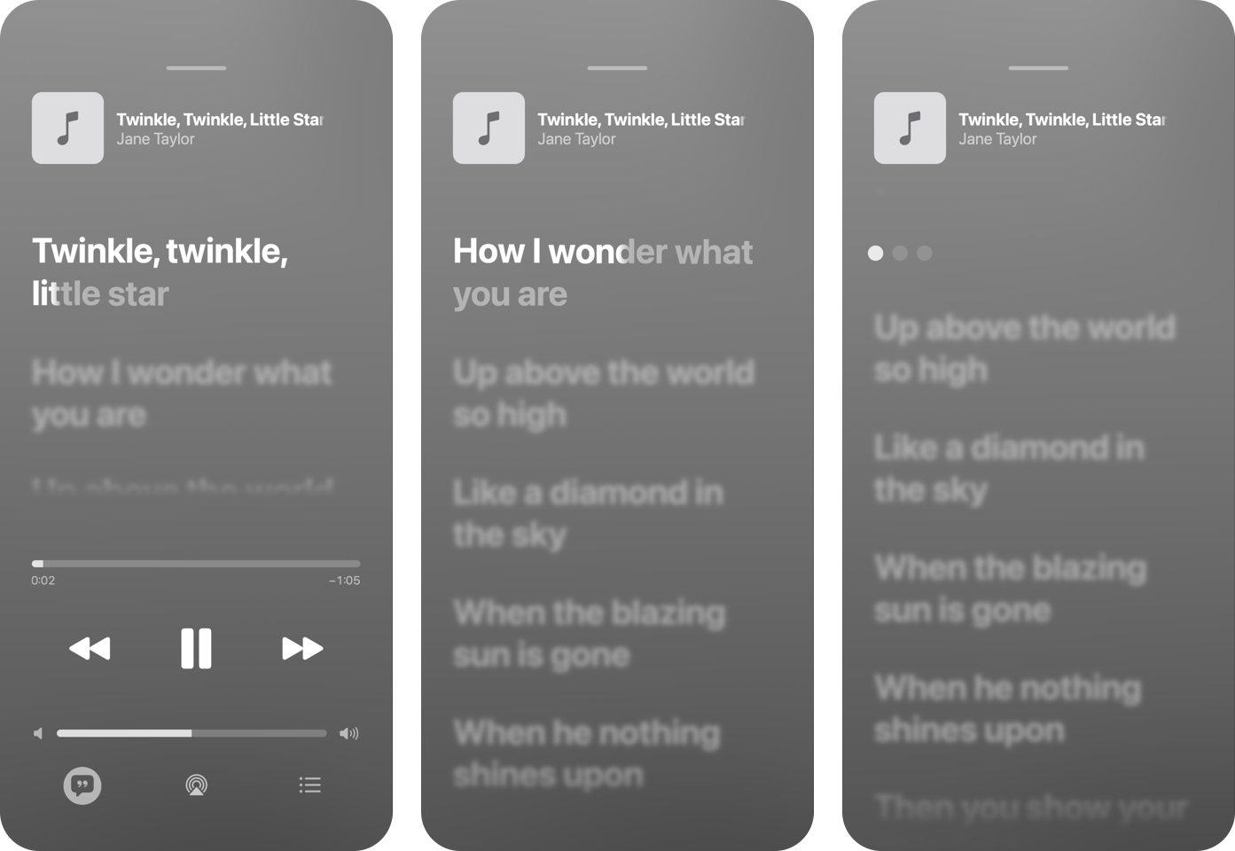 Three frames of a rendered Lyrics video: the first line filling while the playback controls are visible, the next line filling word by word, and the instrumental-gap indicator