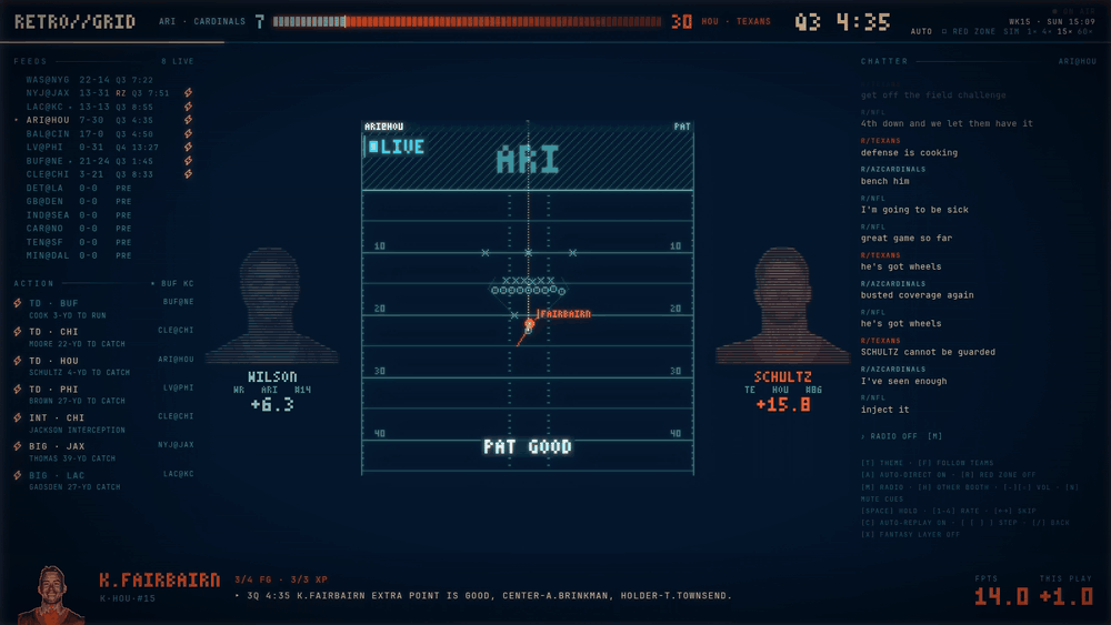 RETRO//GRID running SIM SUNDAY: plays from around the league drawn live as neon diagrams