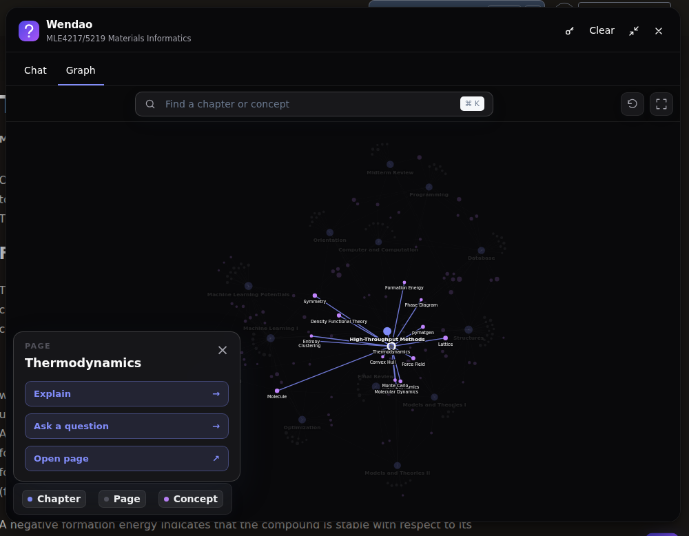 The widget's Graph tab in dark mode: the course knowledge graph, chapters and the concepts that connect them