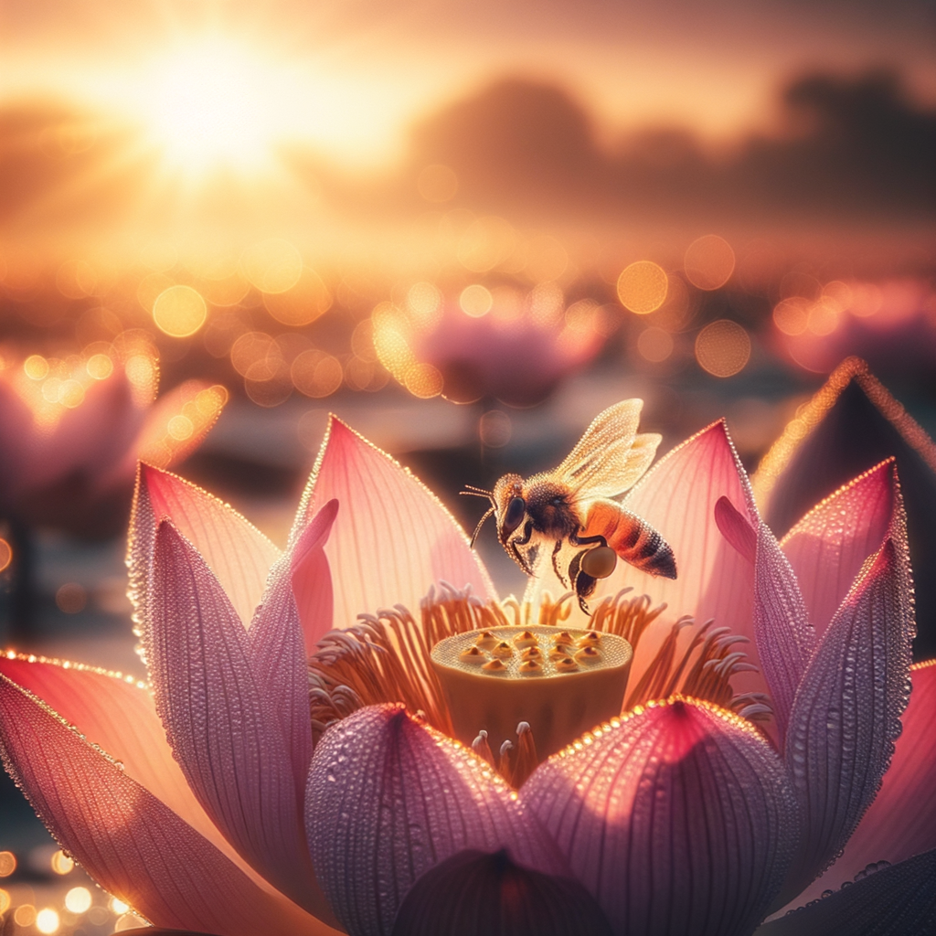 bee on a lotus at sunrise