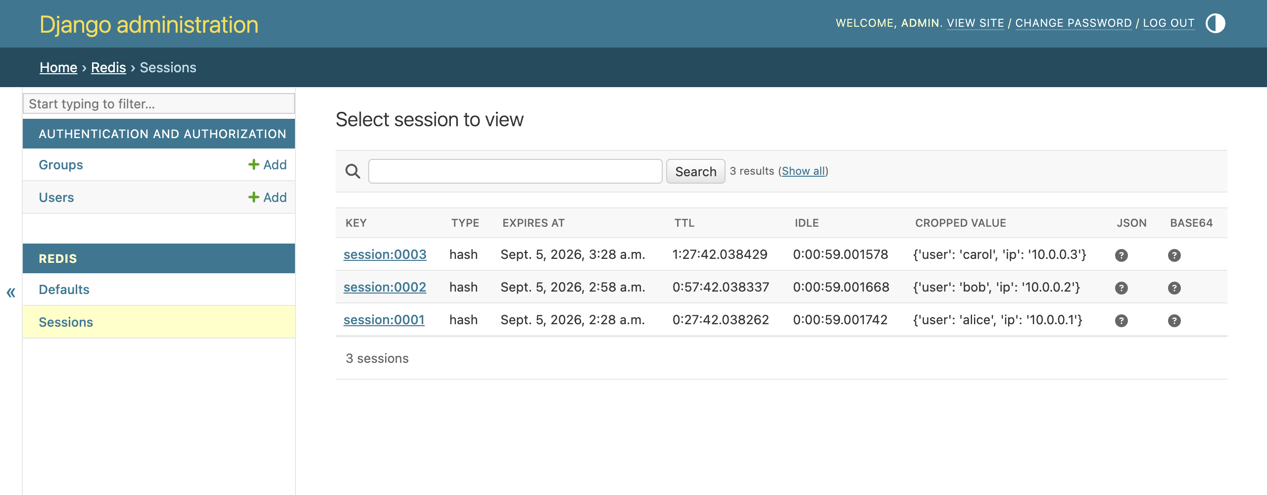 The Sessions server list with three hashes and their TTL columns