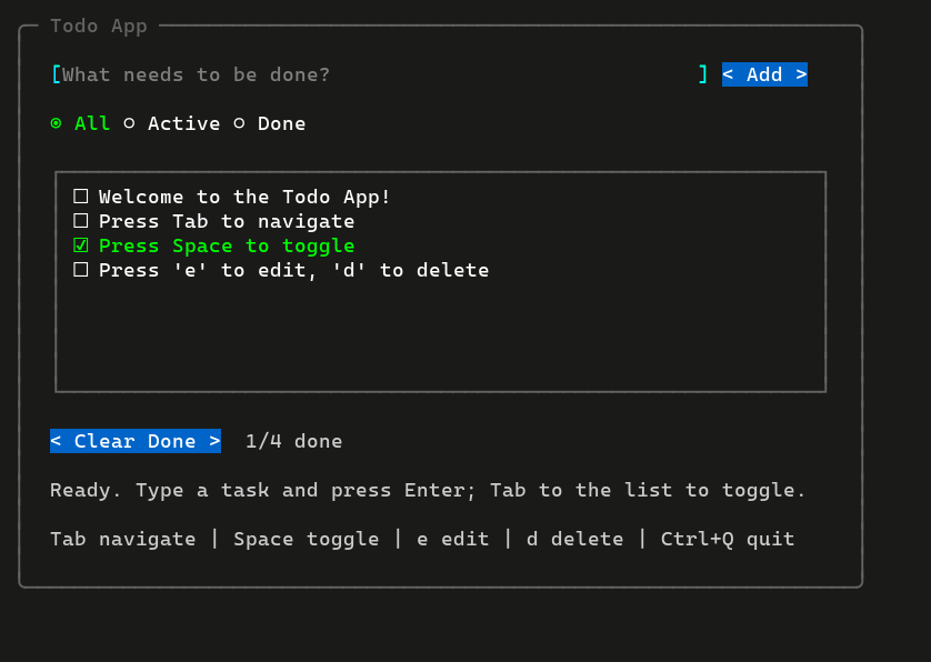 Animated demo of the Wijjit todo app: typing a new task, adding it, navigating with Tab, and checking it off