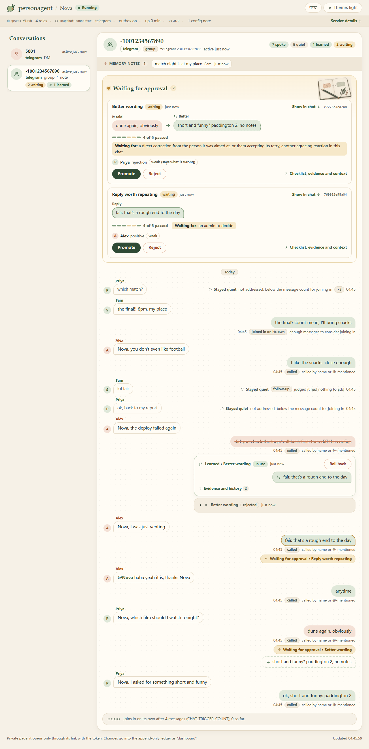 The personagent dashboard: service status, connectors, recent speak-or-stay-quiet decisions, a proposal with its promotion checklist, and a learned fix with its evidence chain