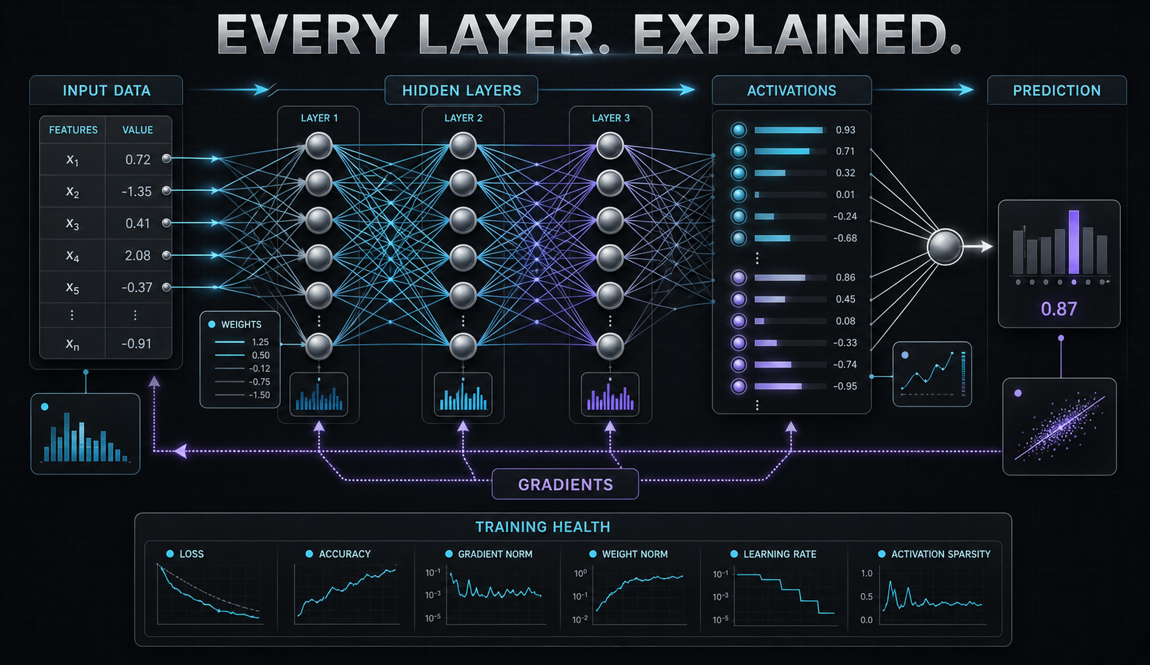 Neural-network inputs, hidden layers, activations, gradients, prediction, and training health