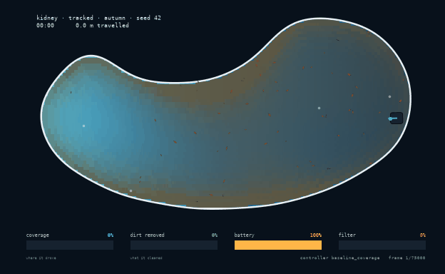 Replay of a cleaning run: the robot traces the pool while the cleaned swath and remaining dirt update live
