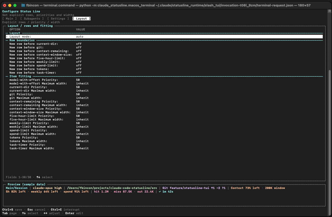 macOS external TUI Layout page with sample preview