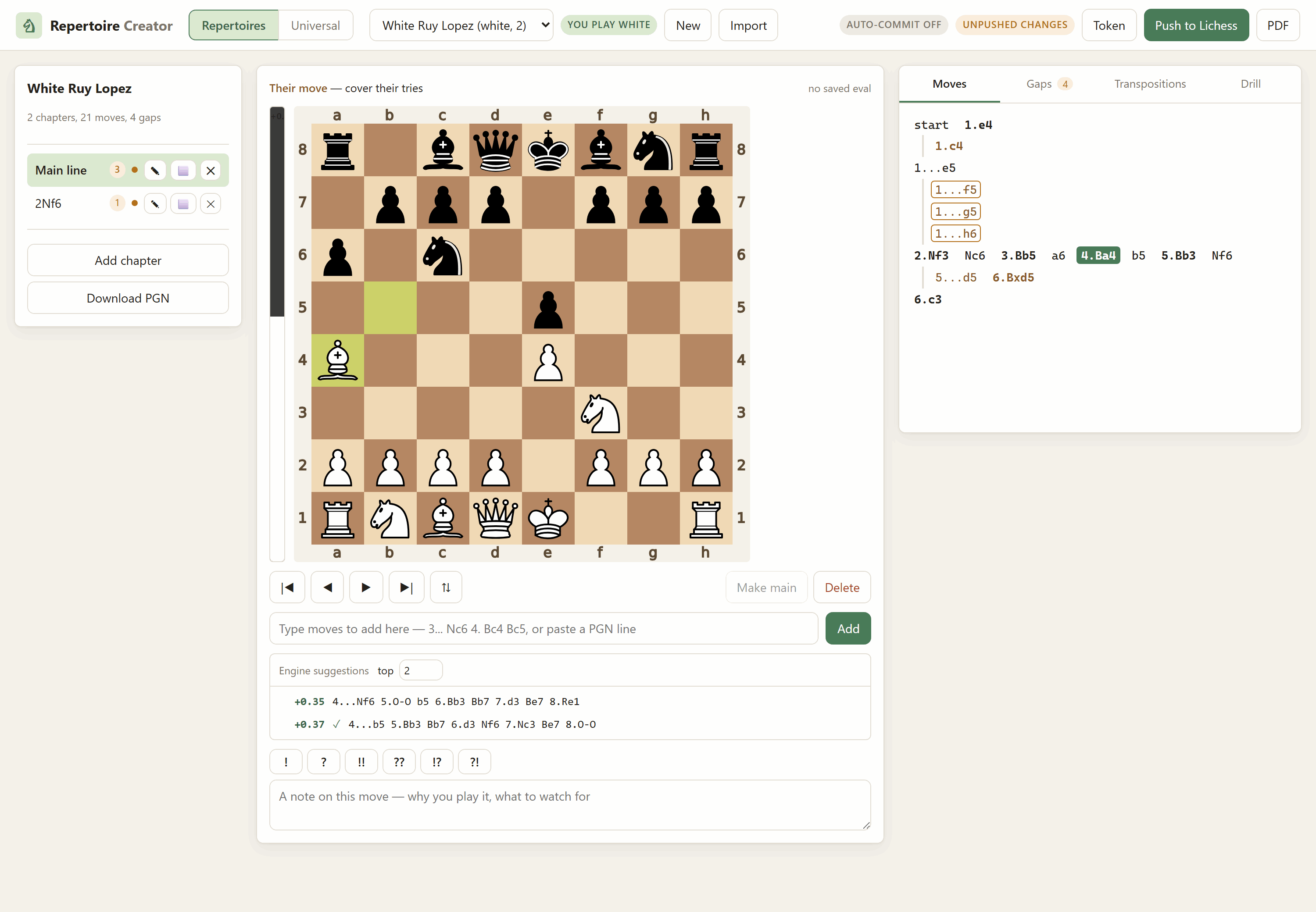 The Ruy Lopez repertoire open: the chapter list on the left, the board with a live eval bar beside it, the move tree on the right with sidelines boxed, and ranked engine suggestions under the board with a tick against the move already in the tree