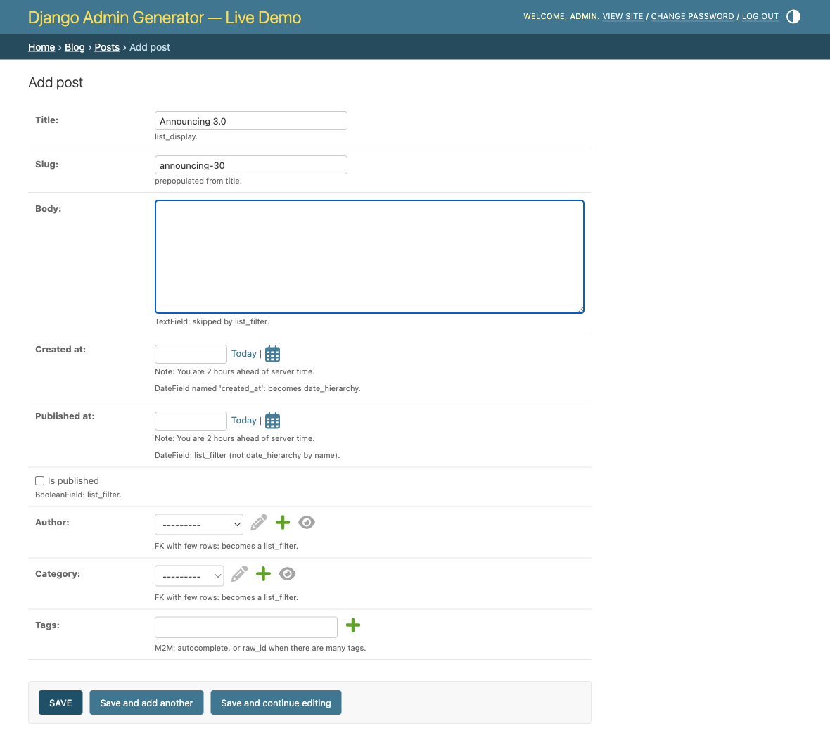 Auto-generated add form