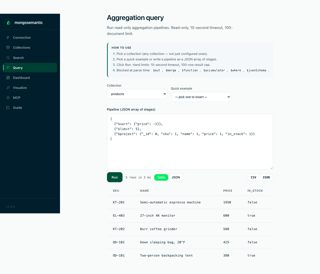 Read-only aggregation runner — quick examples, table view, stats line, CSV/JSON export