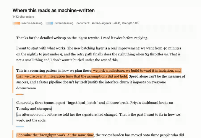 Hovering a highlighted span in a ductus HTML report: the reason, direction, weight and detector appear beside it
