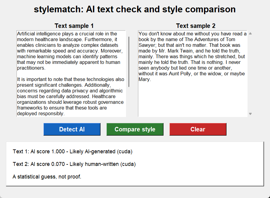 The desktop app checking an AI-written essay and a passage by Mark Twain