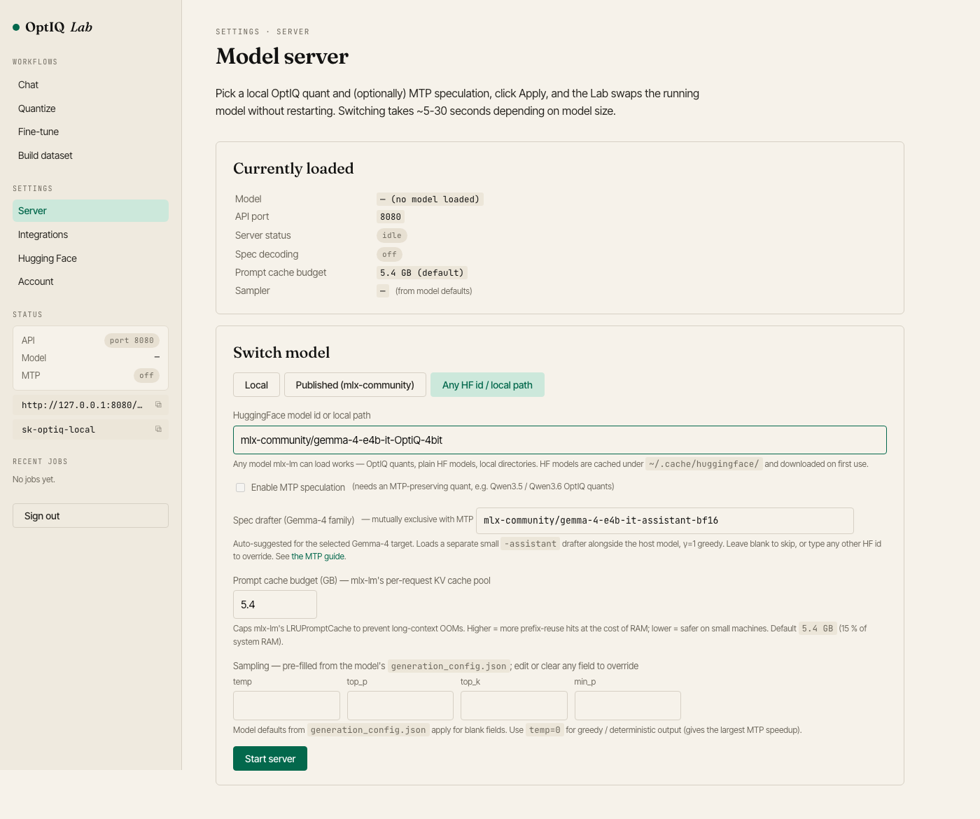 OptIQ Lab — server settings with drafter auto-suggest