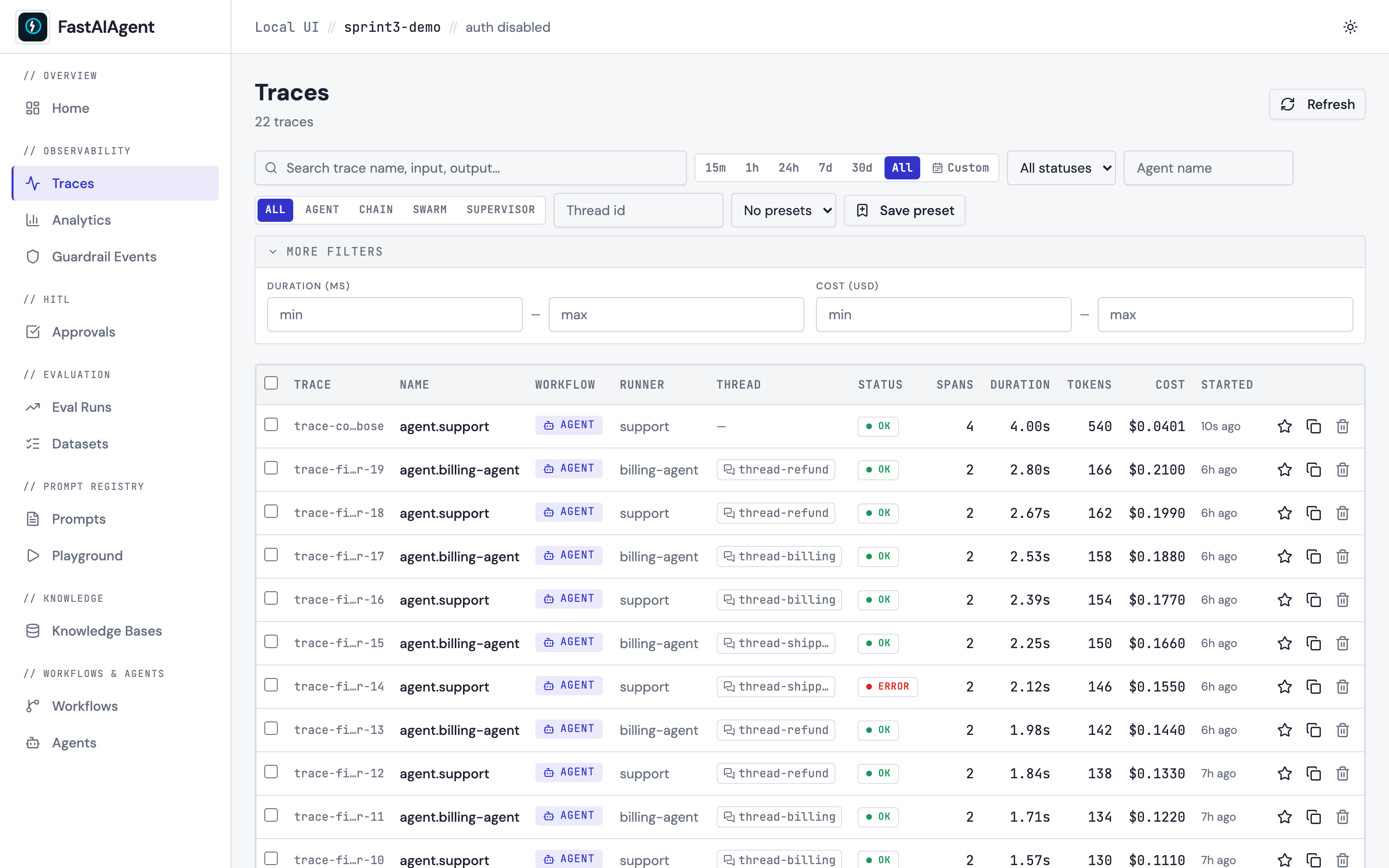 FastAIAgent Local UI — Richer Trace Filtering