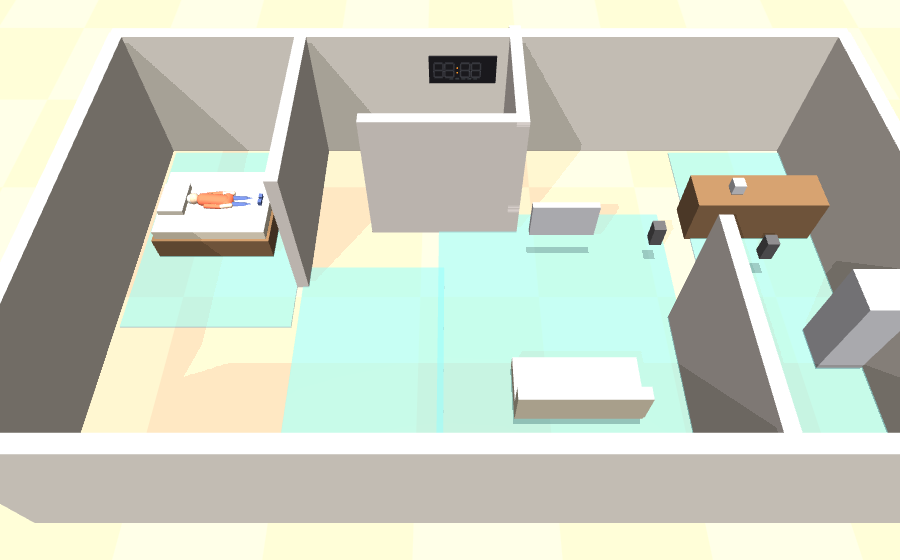 A one-bedroom flat seen from above, an older person asleep in bed, a wall clock