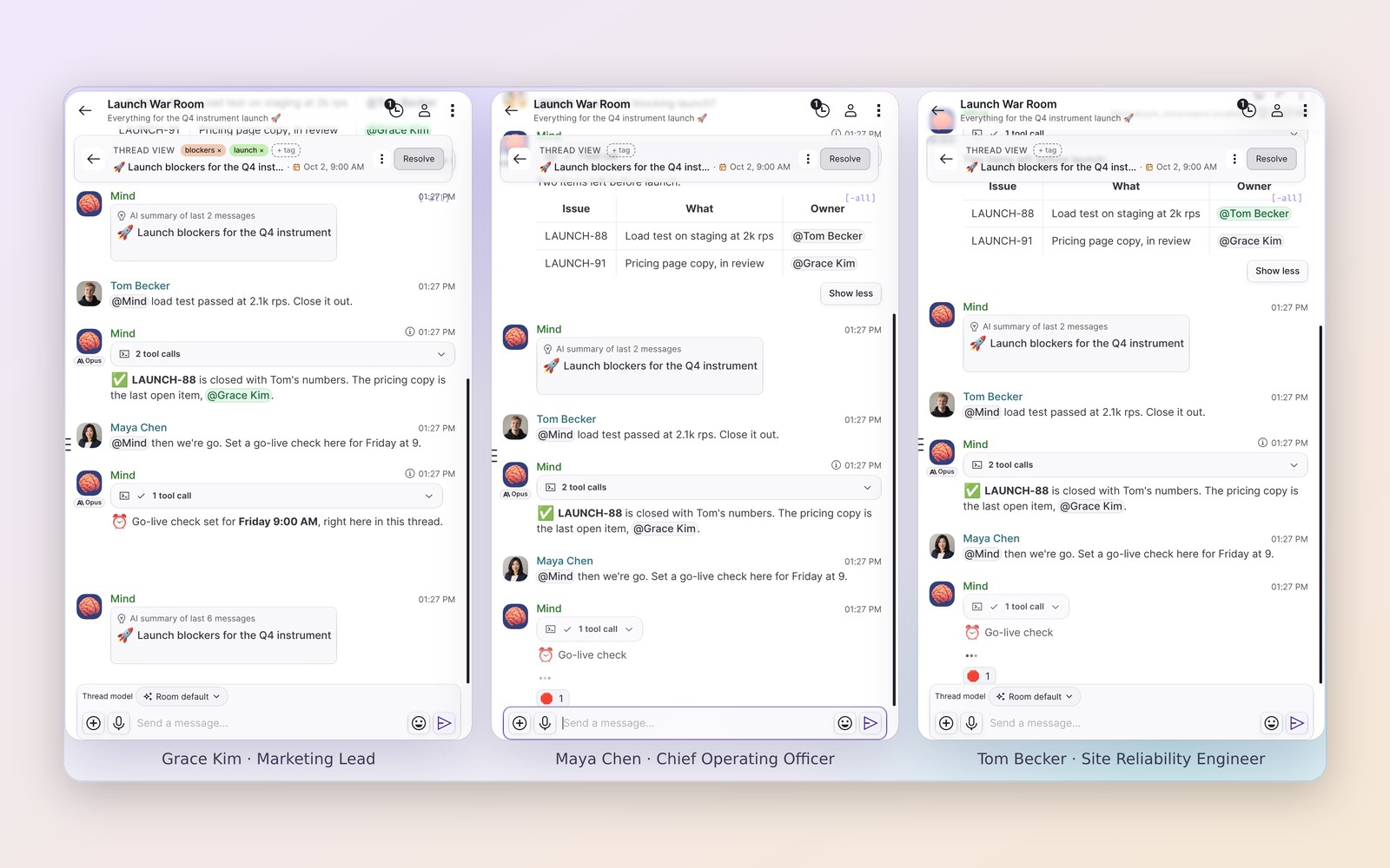Three colleagues see the same agent thread side by side
