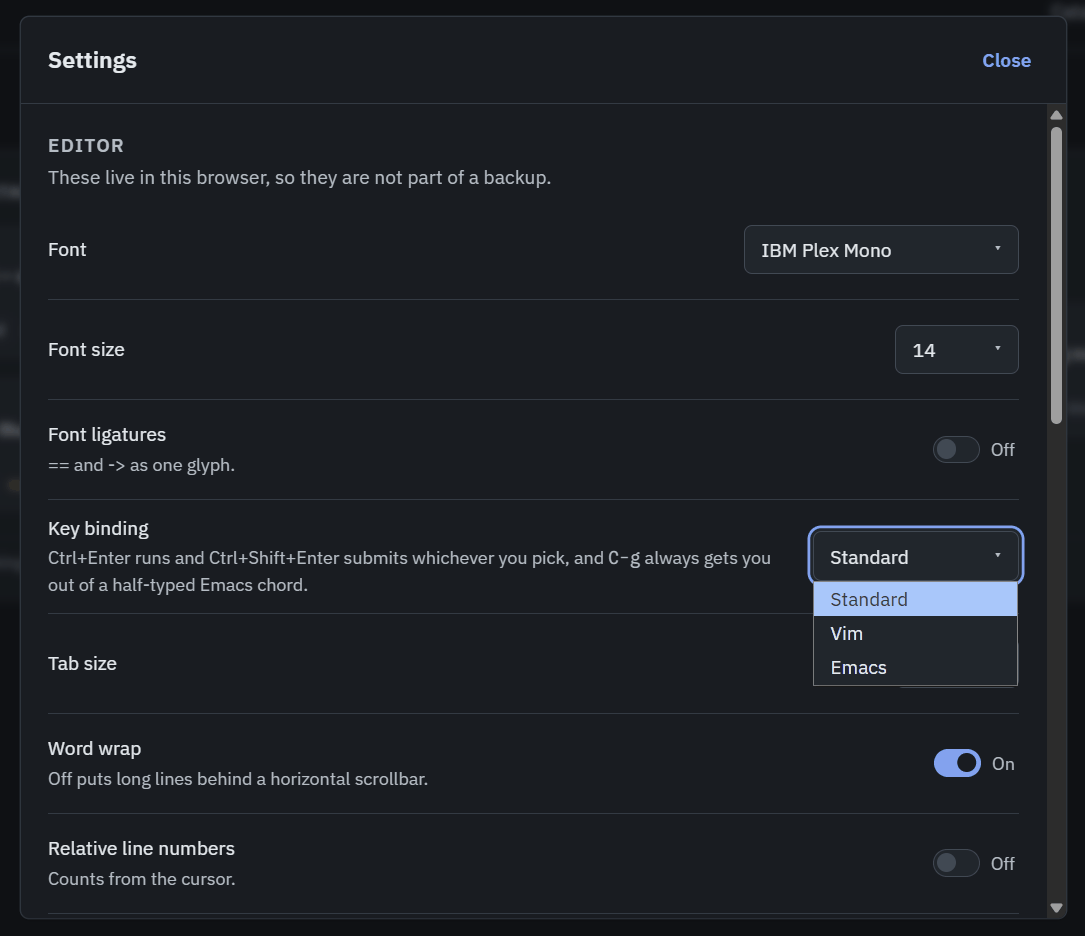 Settings, dark