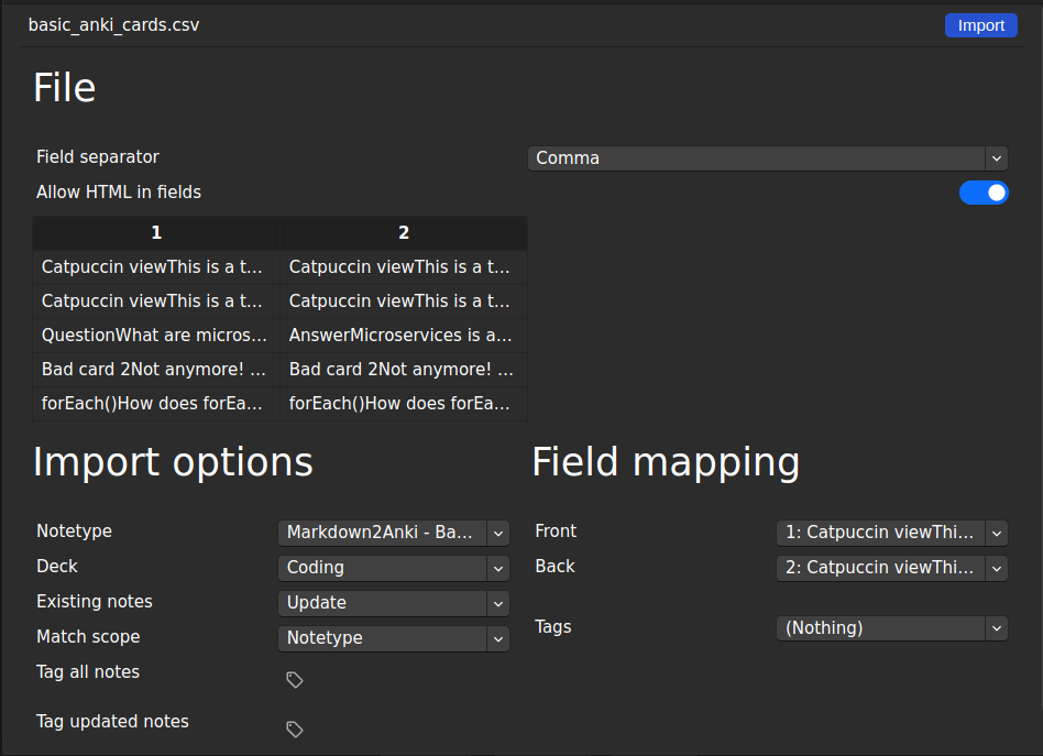 Image of Anki's import screen