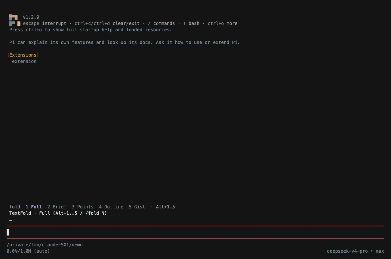 A coding turn in Pi, its thinking and its reply, folding a level at a time until each is one sentence, by key and by a click on the row