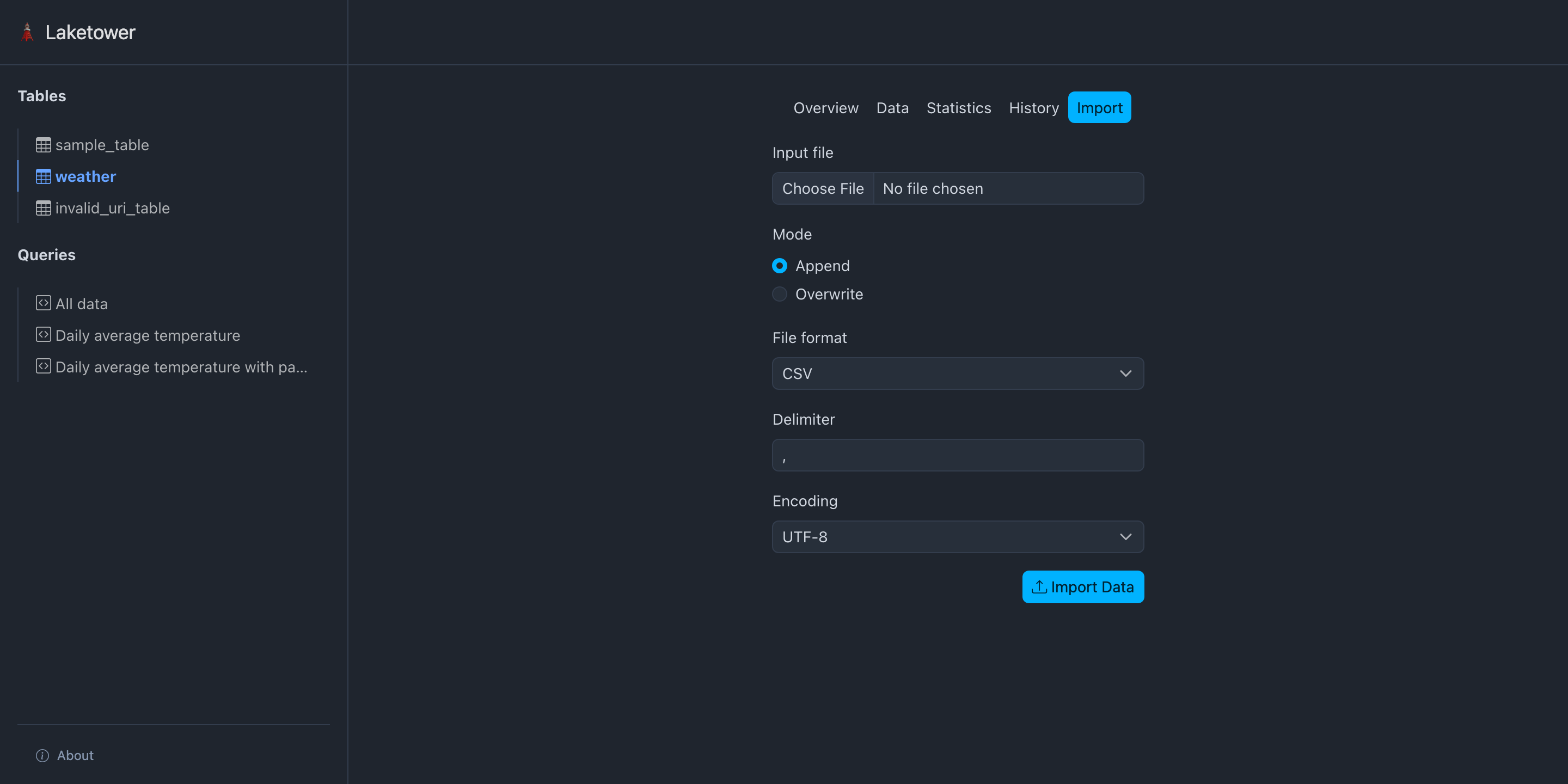 Laketower UI - Tables Import
