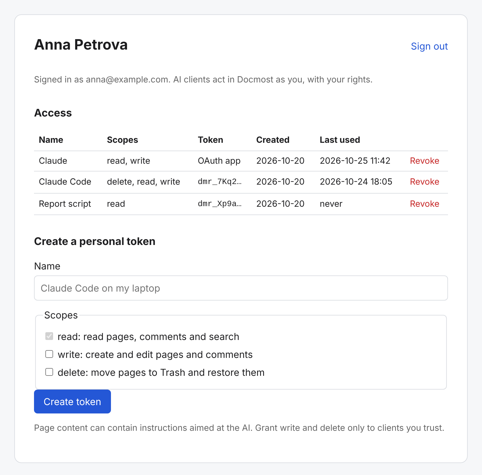 The account page with connected apps, personal tokens and the form to create a token
