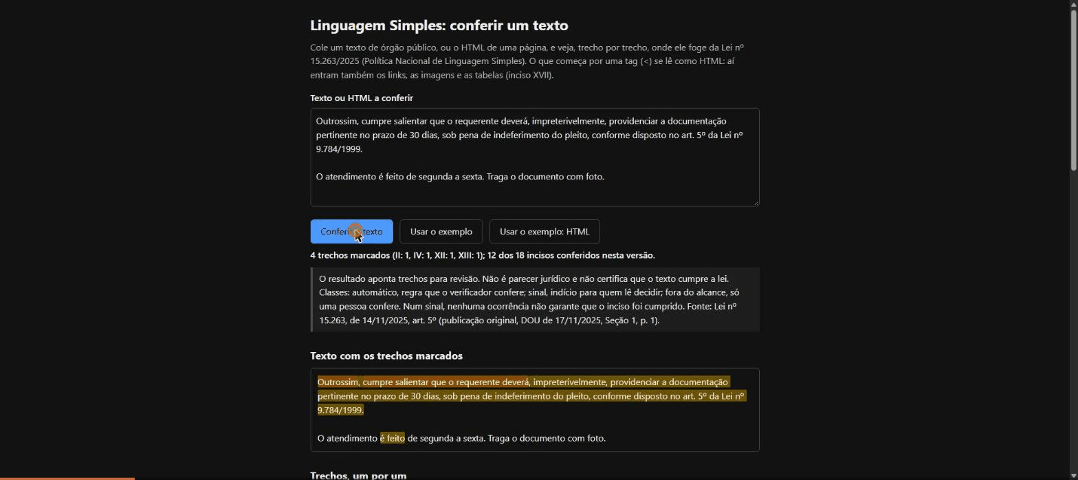 Um texto de órgão colado na página; um clique marca a frase longa, a voz passiva e a oração intercalada, e lista os 18 incisos