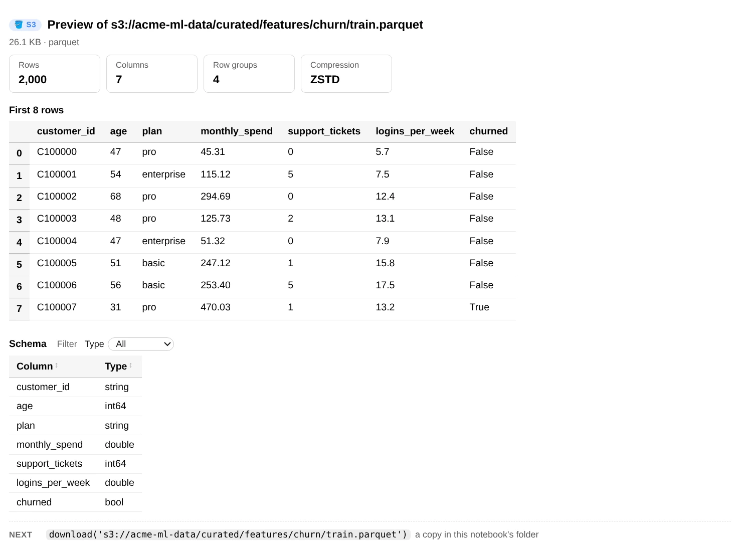 preview() of a Parquet file: row, column and row-group counts, the first rows, and the schema
