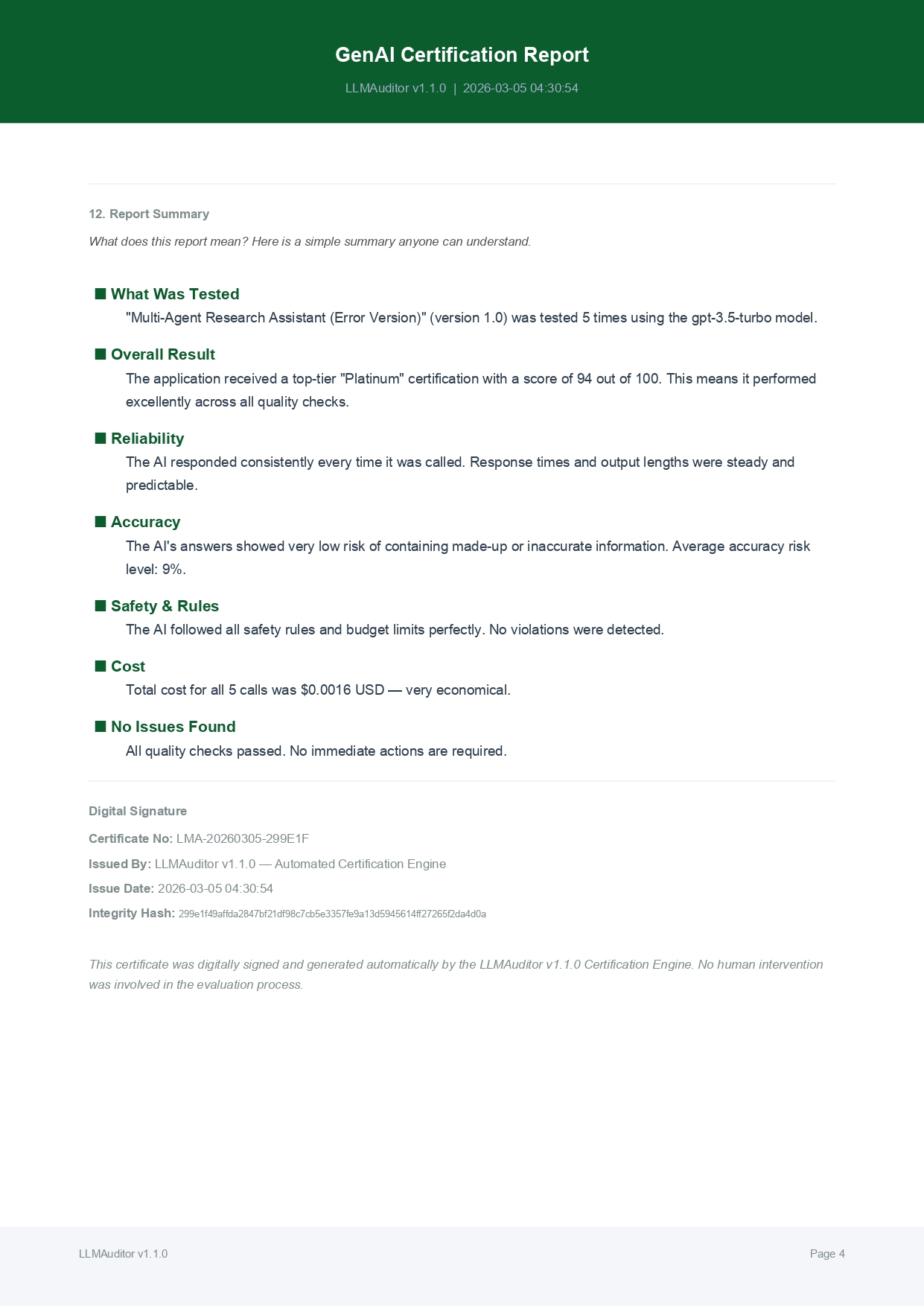 LLMAuditor Certification Report - Digital Signature Page