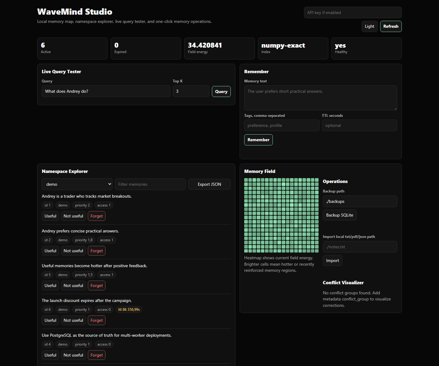 WaveMind Studio showing adaptive memory state, namespaces, TTL, feedback, and the memory-field heatmap