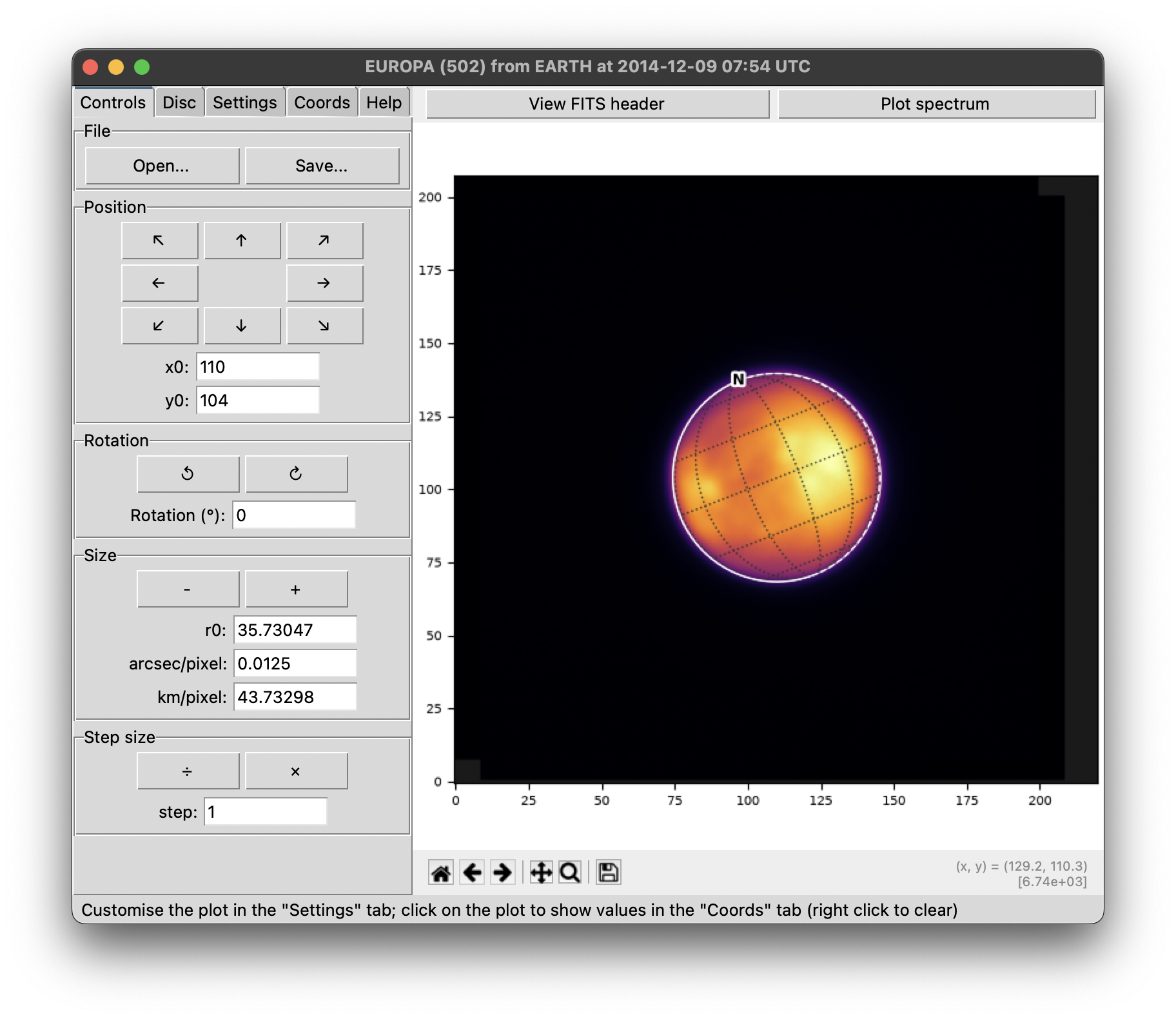 Screenshot of the PlanetMapper graphical user interface showing an observation of Europa being navigated