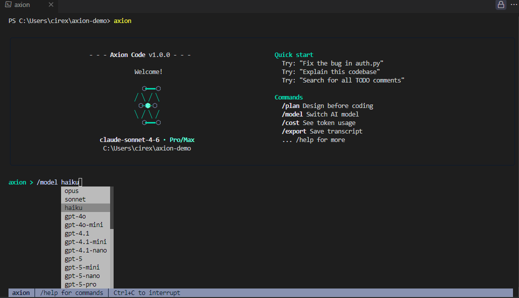 Axion /model autocomplete dropdown showing all configured providers