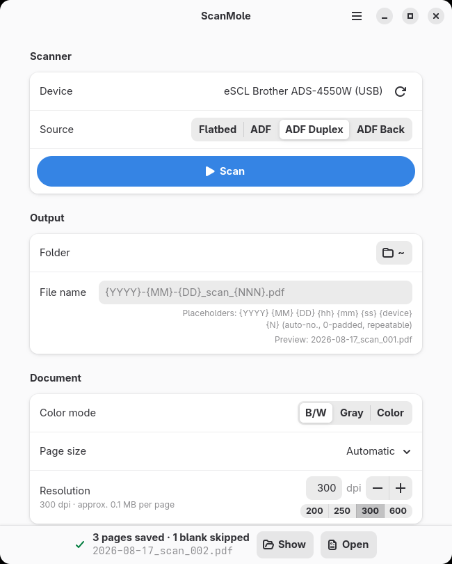 Screenshot: The ScanMole GUI after a finished scan on a Brother ADS-4550W, with saved pages and a skipped blank in the result bar