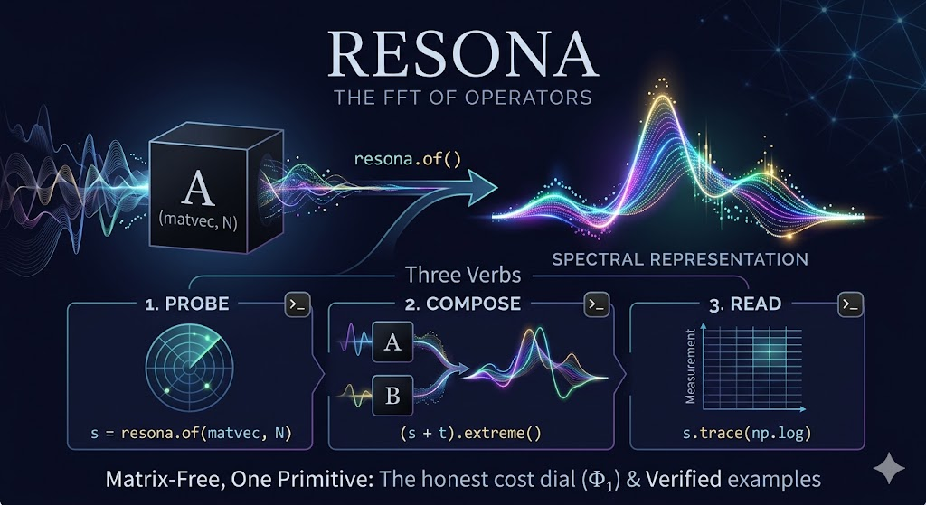 resona — the FFT of operators: probe, compose, read