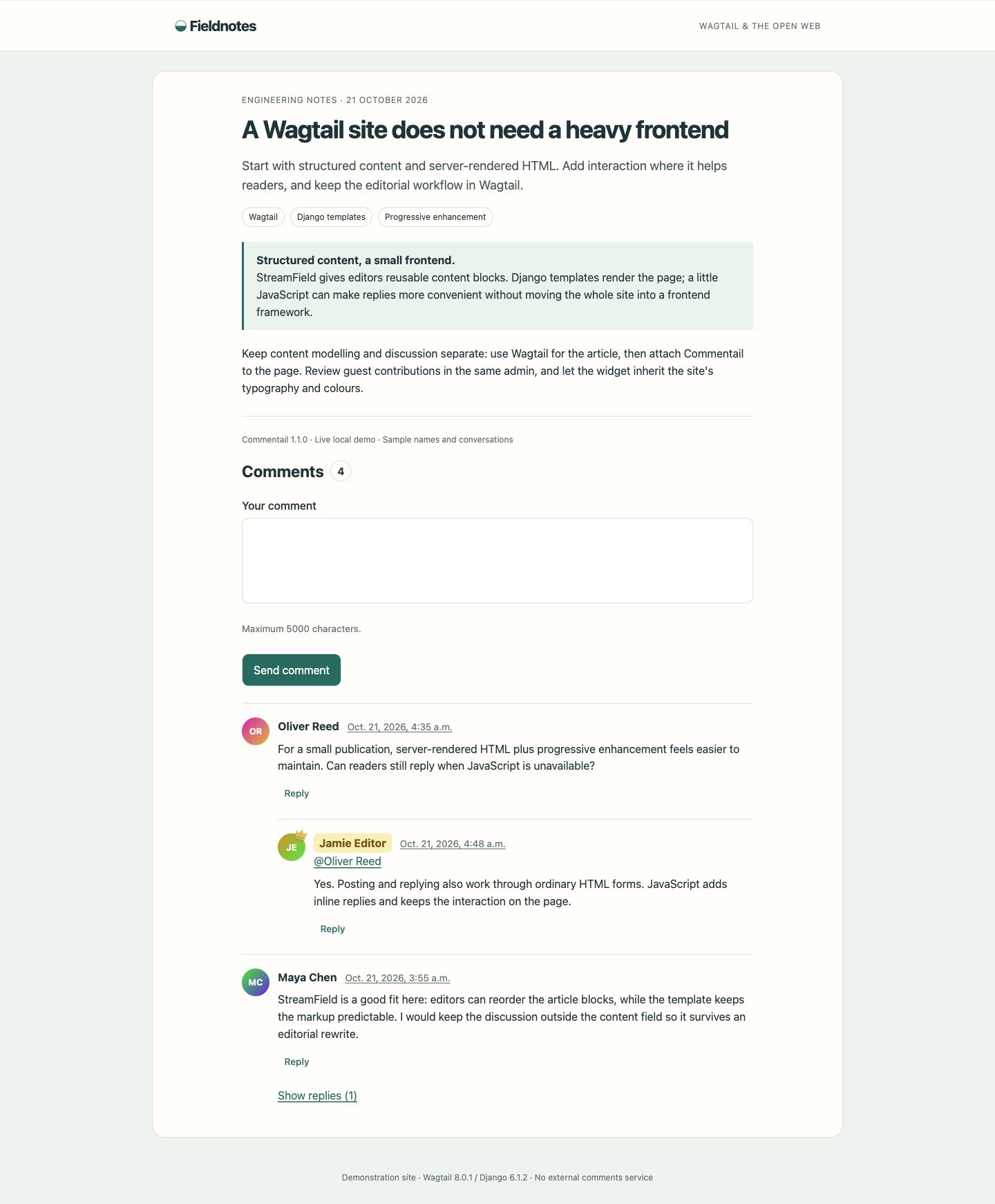 Commentail discussion on a Wagtail article, with a reader question and an editor reply