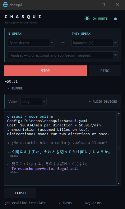 The expanded window with a live transcript