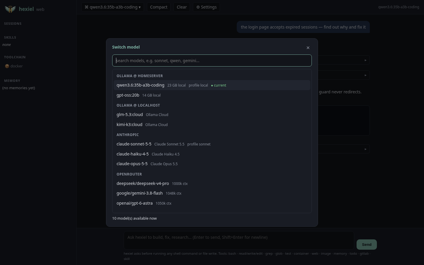 live model picker in the browser