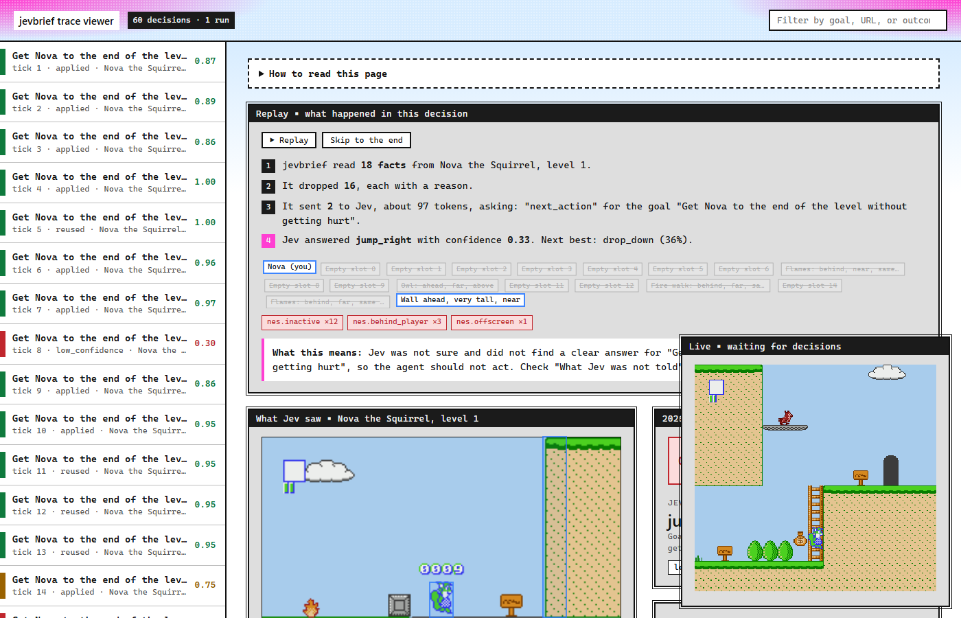 The live viewer during a game: decisions on the left, the frame Jev saw with boxes in the middle, and the running game in the corner