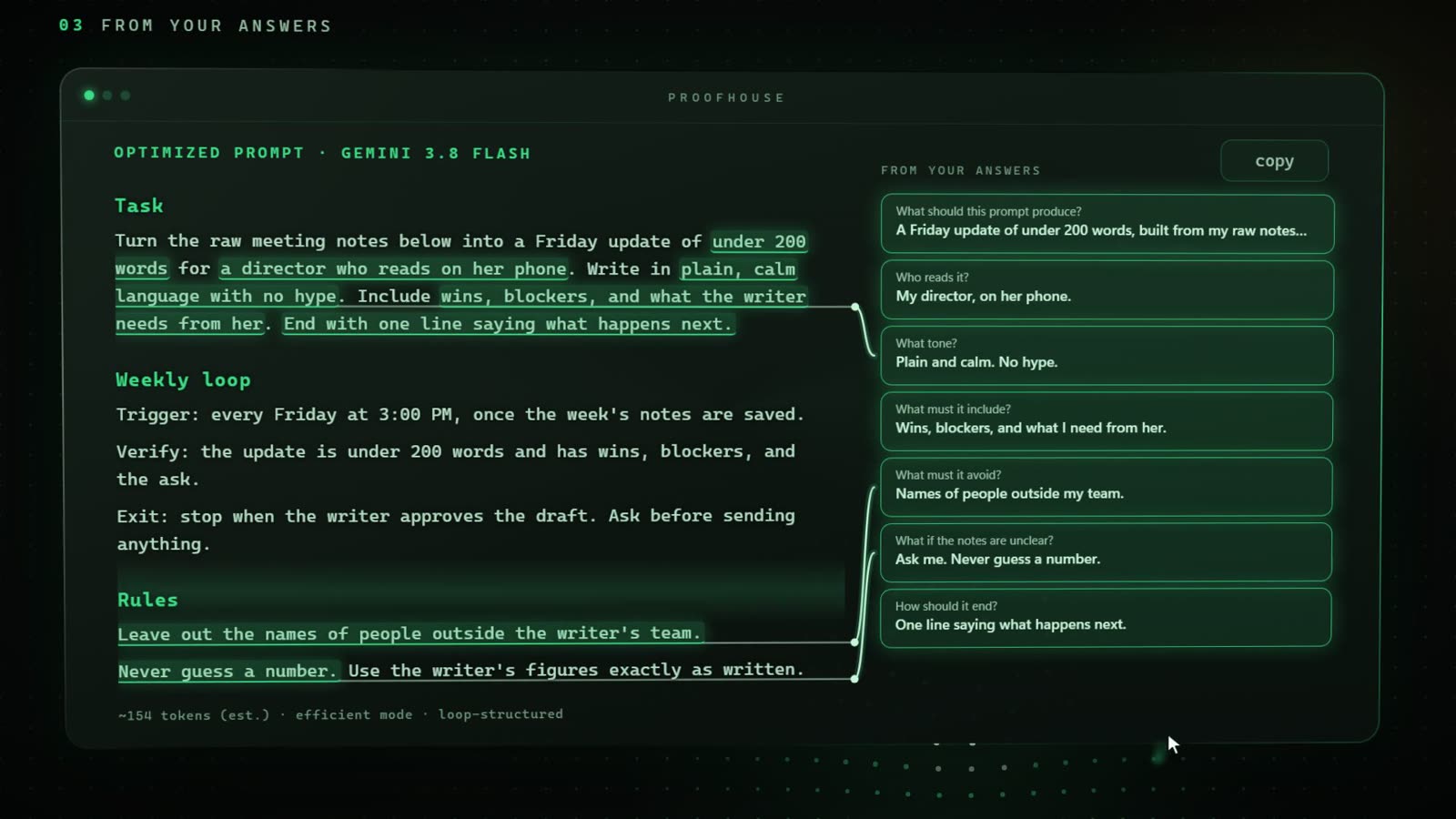 Raw request, the clarifying answers, and the compiled prompt from a Grok 4.7 run