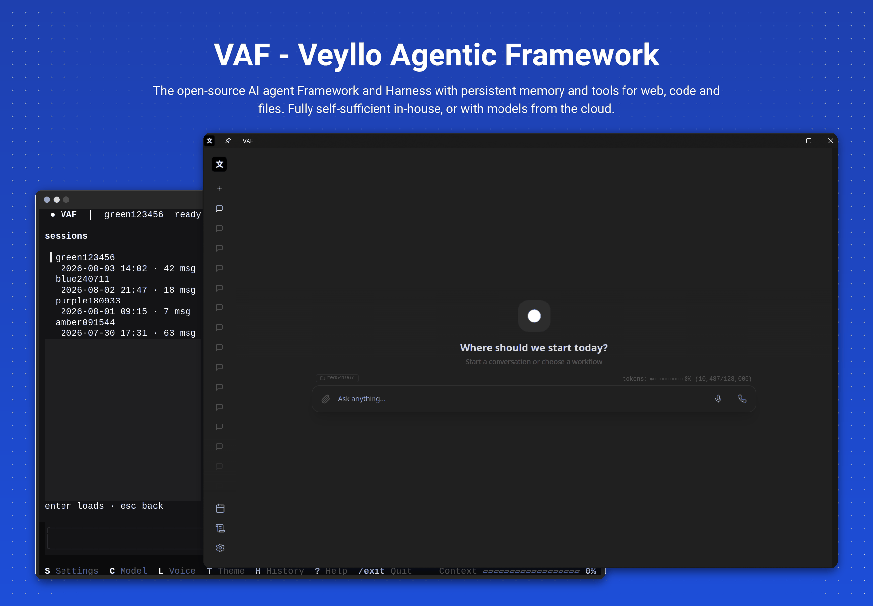 VAF - Veyllo Agentic Framework. The open-source AI agent framework and harness with persistent memory and tools for web, code and files - fully self-sufficient in-house, or with models from the cloud. Below the title, the desktop window in front and the full-screen terminal app behind it.