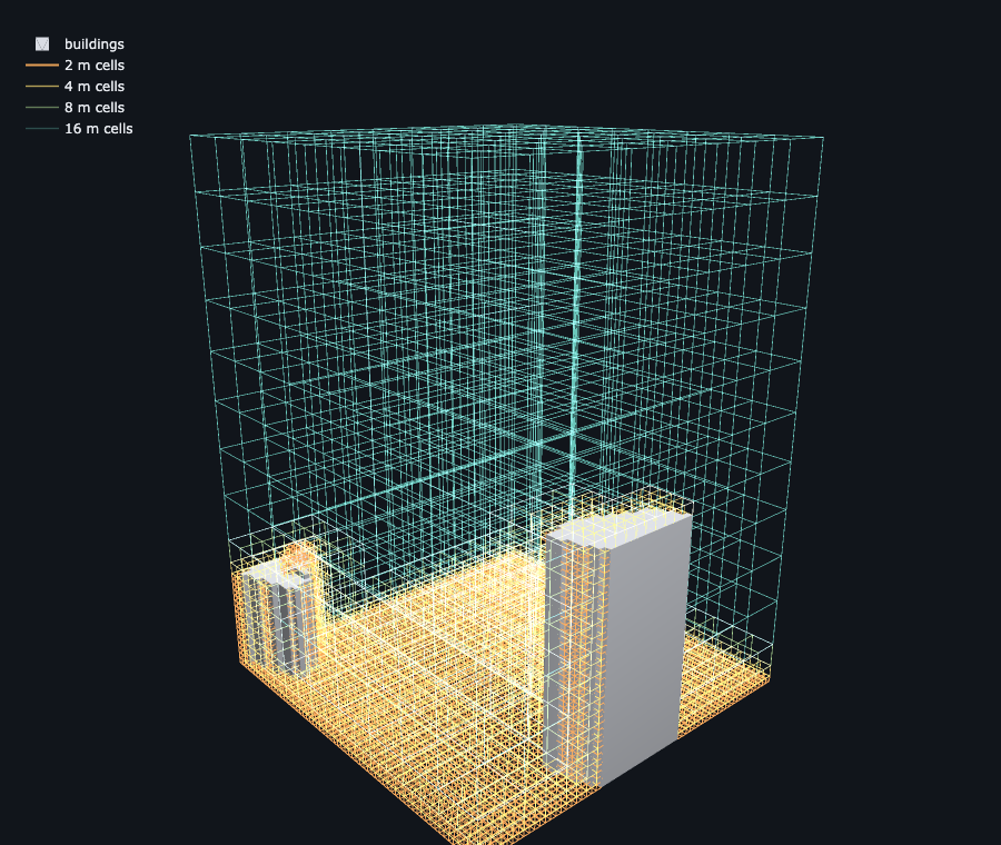Octree cells drawn as wire cubes around buildings