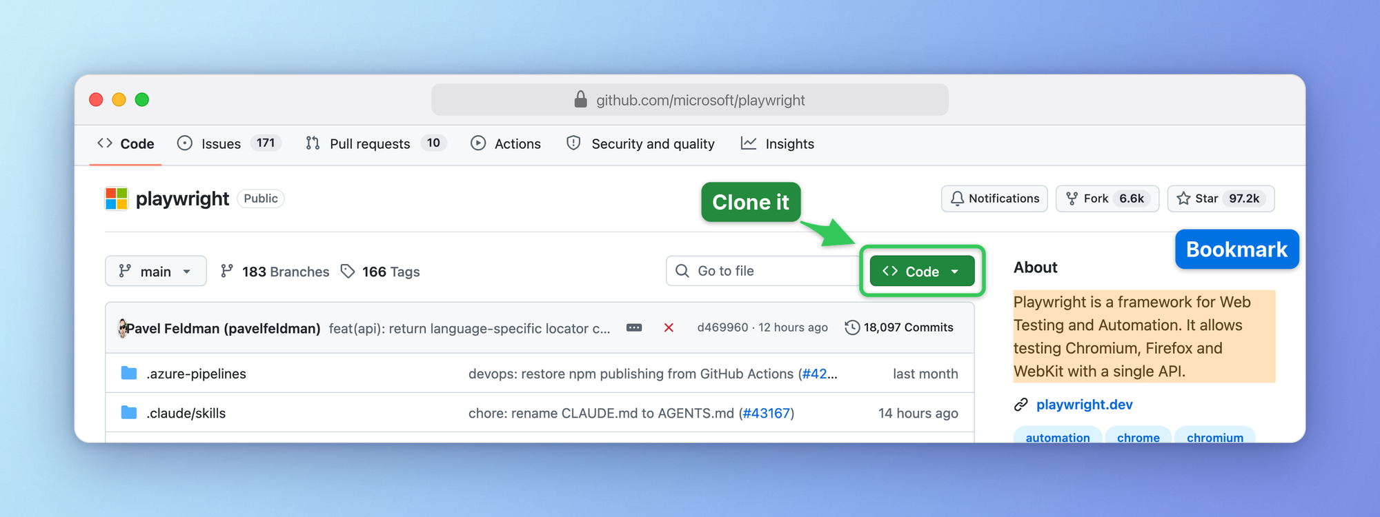 The Playwright repository on GitHub: the Code button outlined green as Clone it, an arrow to the Star button, the About text highlighted