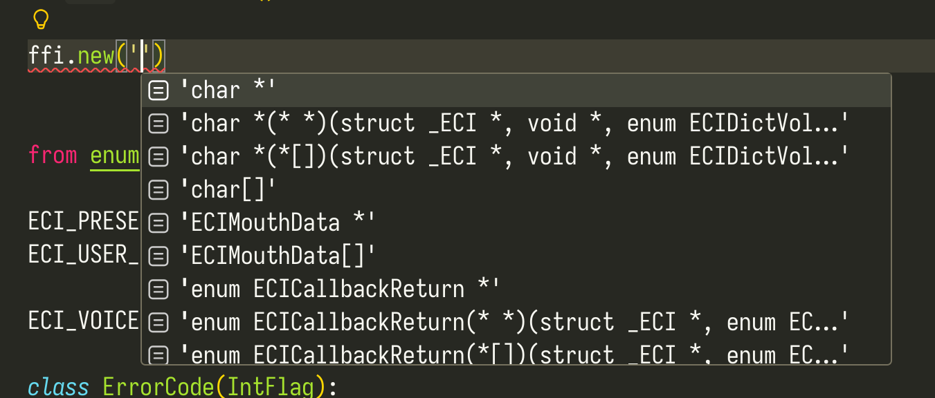 (Screenshot) Autocompletion of C type passed to ffi.new()