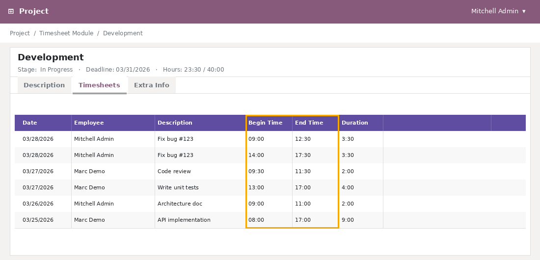 Task inline timesheet view with Begin and End Time
