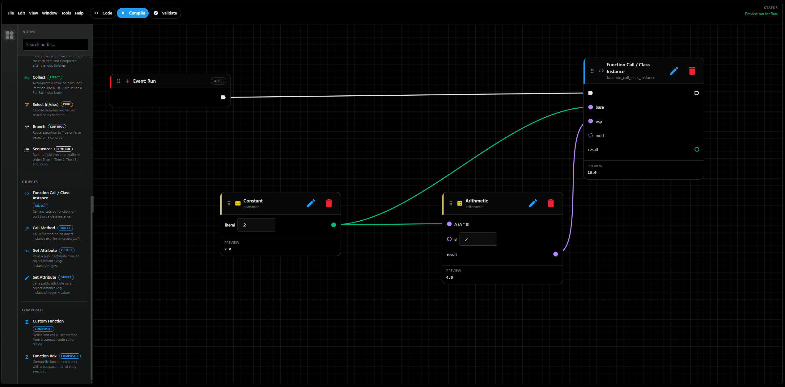 Acherion standalone workbench showing node search, graph editing, compilation, and live preview.
