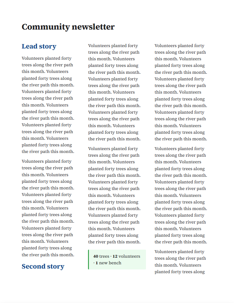 A three-column community newsletter page with a pinned masthead that repeats on every page