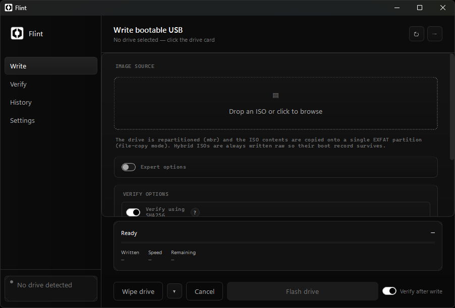 Flint flashing an ISO to a USB drive