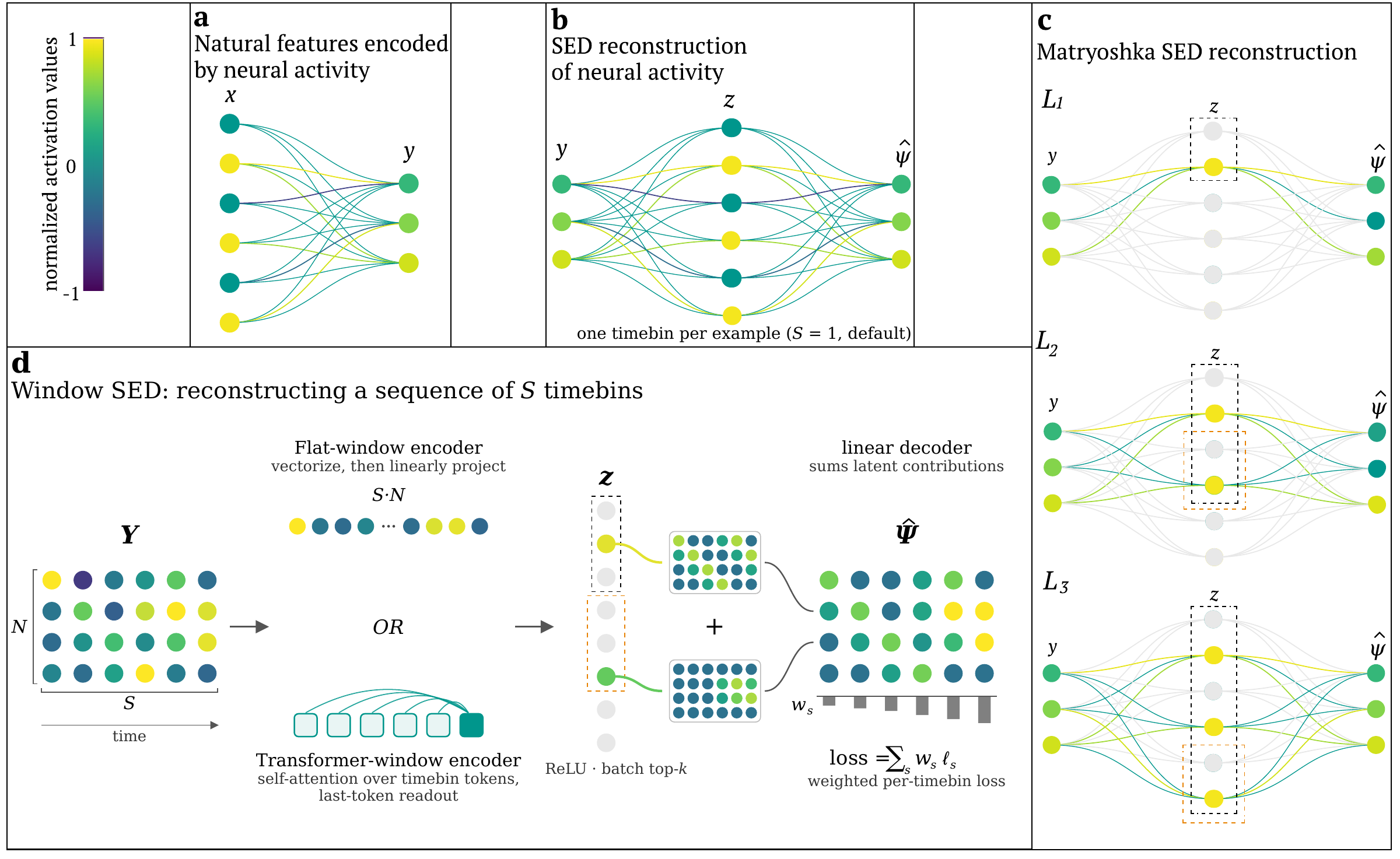 Sparse encoder-decoder architectures: single-bin, Matryoshka, and window models.