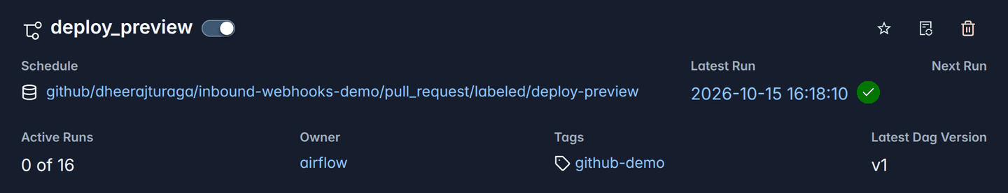 The deploy_preview Dag in Airflow, scheduled on github/dheerajturaga/inbound-webhooks-demo/pull_request/labeled/deploy-preview