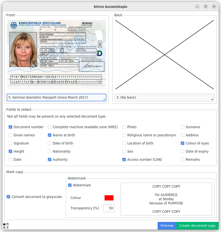 Screenshot of a computer program. There is a copy of a passport, which all fields marked. It is possible to toggle each fields